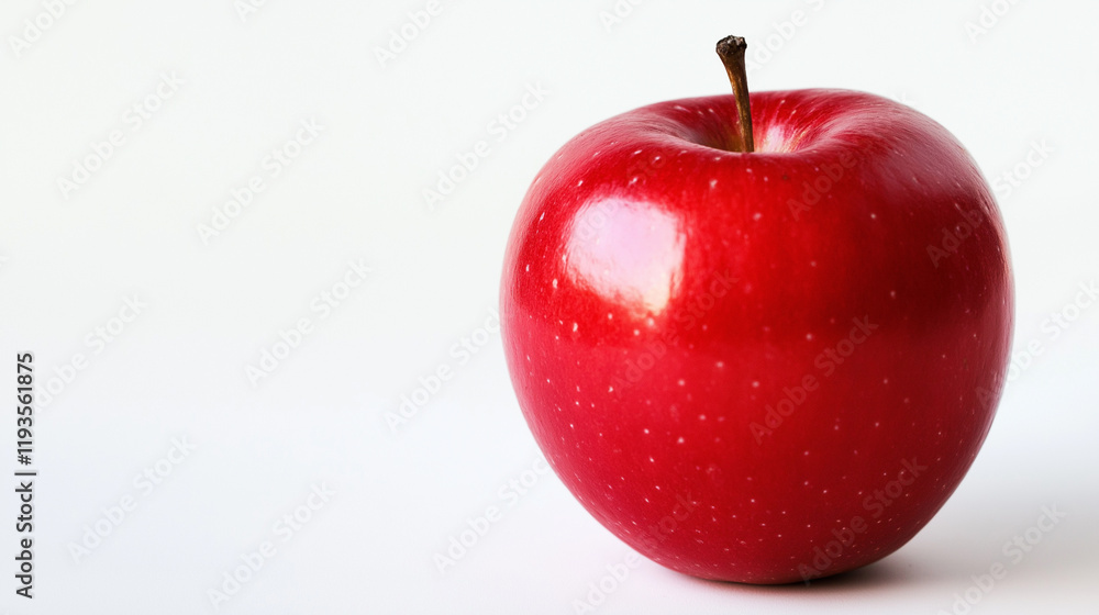 Poster red apple. a shiny red apple with a green stem on a clean white background, emphasizing freshness an