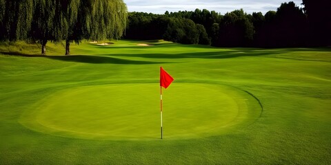 A pristine golf course with a putting green featuring a red flag, surrounded by lush greenery and bunkers in the background. Concept Golf Course Aesthetics, Perfect Putting Green, Lush Greenery