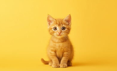 Obraz premium Adorable orange kitten sitting against a bright yellow background, radiating charm and cuteness.