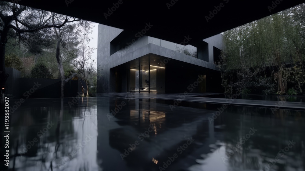 Poster dark modern architecture residence with water feature