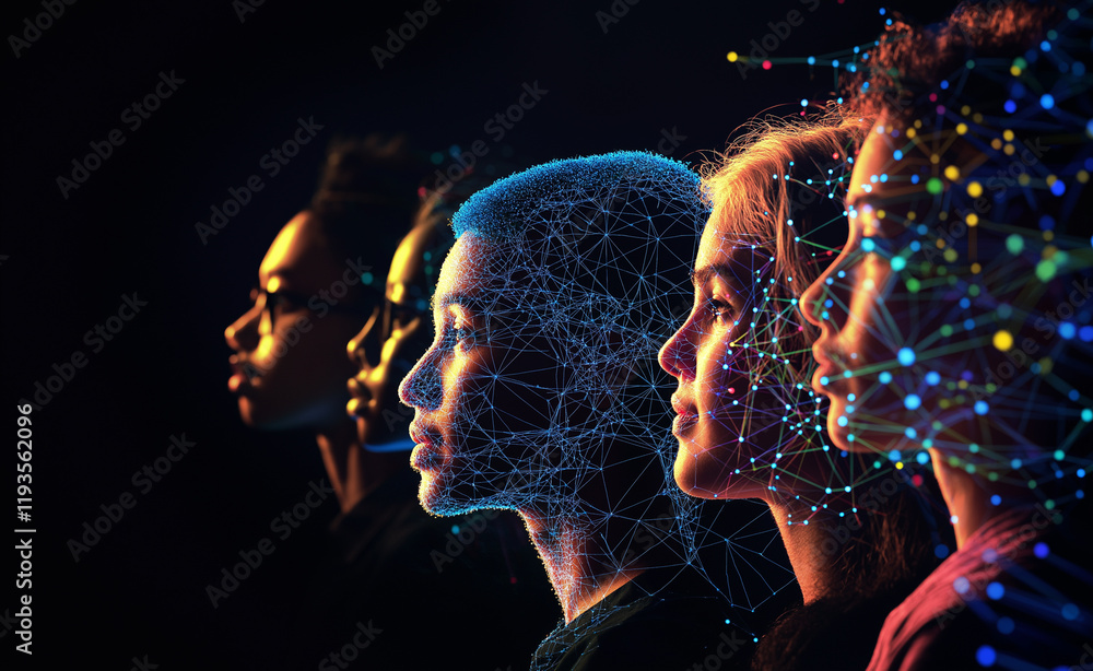 Poster abstract digital representation of human profiles with vibrant neural connections, symbolizing ai, t