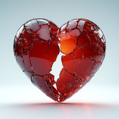 Broke Cracked 3D Glass Glossy Red Heart Render Isolated White Background