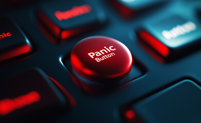 Close-up of a glowing red "Panic Button" on a keyboard, representing urgency, emergency, or critical situations.