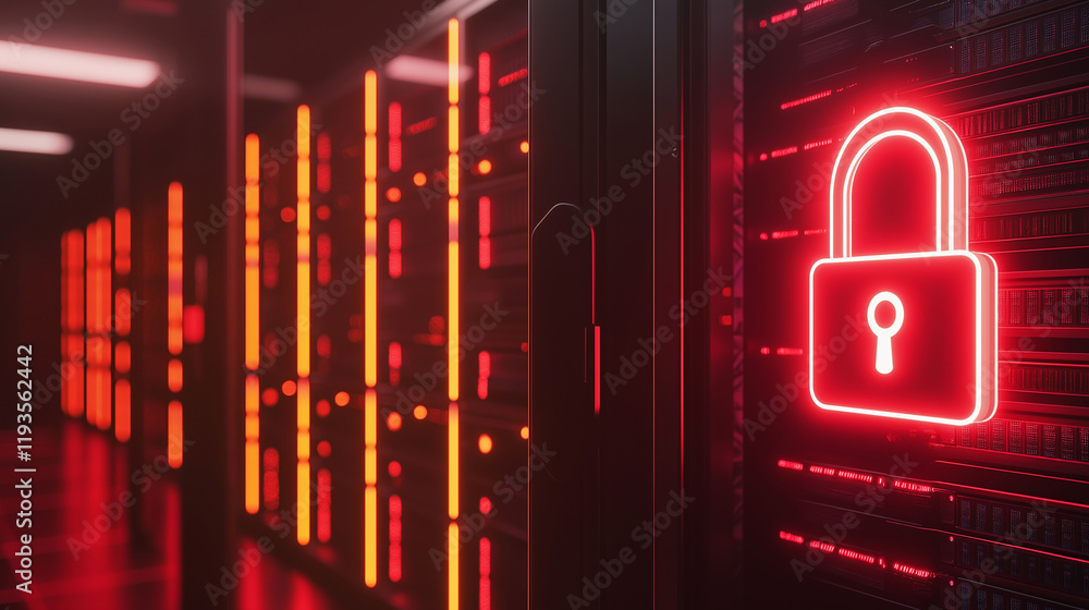 Poster neon red padlock icon in a server room, symbolizing cybersecurity and data protection in a high-tech
