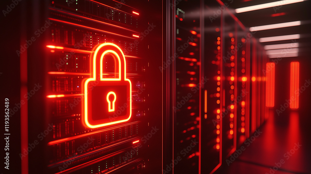 Poster neon red padlock icon in a server room, symbolizing cybersecurity and data protection in a high-tech