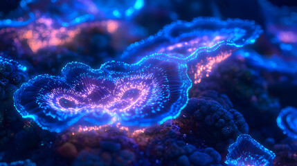 Fototapeta premium Vibrant Bioluminescent Patterns Resembling Otherworldly Coral Forms in a Magical Underwater Realm