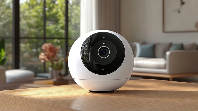 Modern security camera on a wooden table in a bright living room with greenery outside
