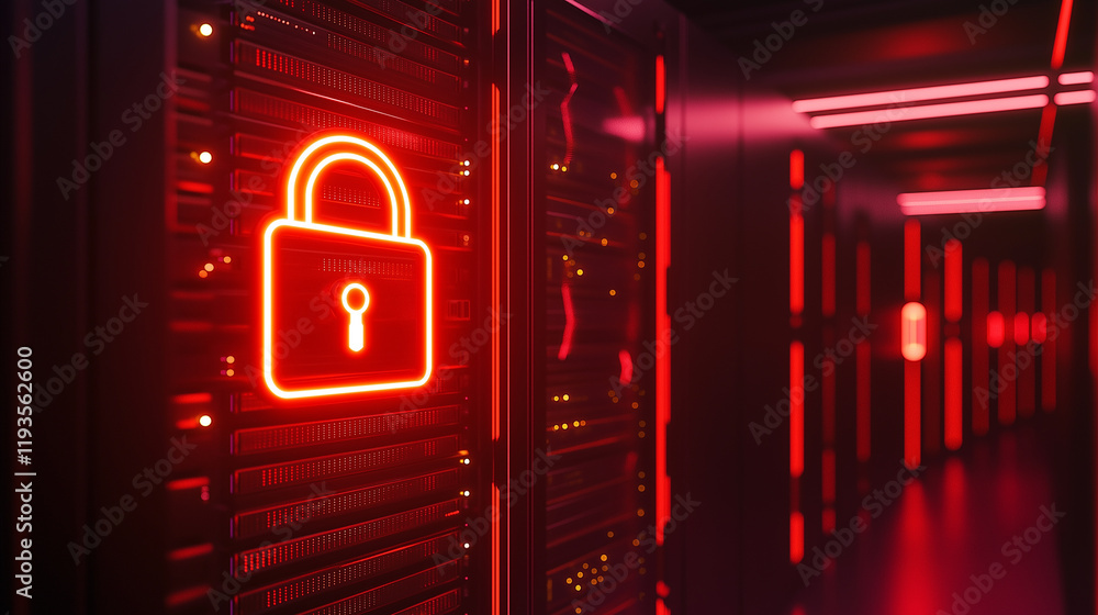 Poster neon red padlock icon in a server room, symbolizing cybersecurity and data protection in a high-tech