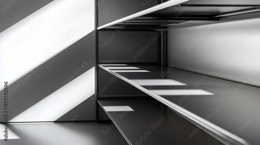 Poster minimalist empty metal shelves with sharp shadows in a bright room, evoking a sense of simplicity an
