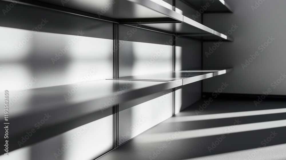 Poster minimalist empty metal shelves with sharp shadows in a bright room, evoking a sense of simplicity an