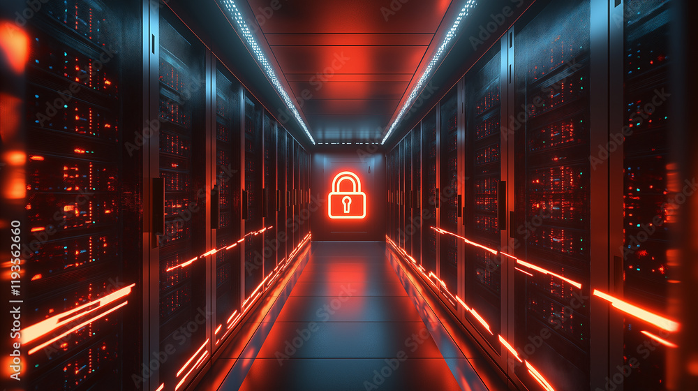 Poster a secure data server room illuminated with futuristic red and blue lighting, featuring a glowing pad
