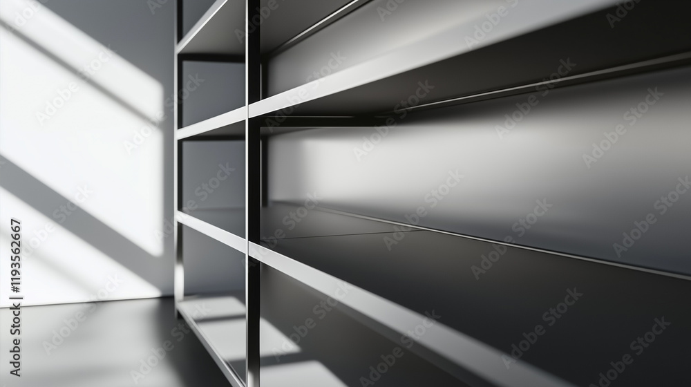 Poster minimalist empty metal shelves with sharp shadows in a bright room, evoking a sense of simplicity an