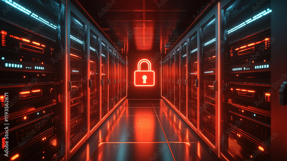 Poster a secure data server room illuminated with futuristic red and blue lighting, featuring a glowing pad