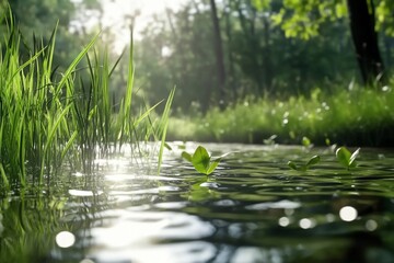 Fototapeta premium Calm stream, sunlit forest, tranquil nature, background blur, serenity