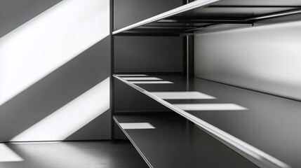 Obraz premium Minimalist empty metal shelves with sharp shadows in a bright room, evoking a sense of simplicity and structure.