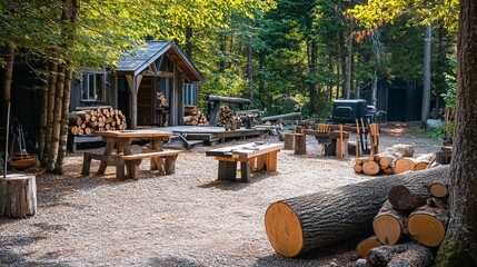 A rustic woodworking area with fresh-cut logs and hand tools