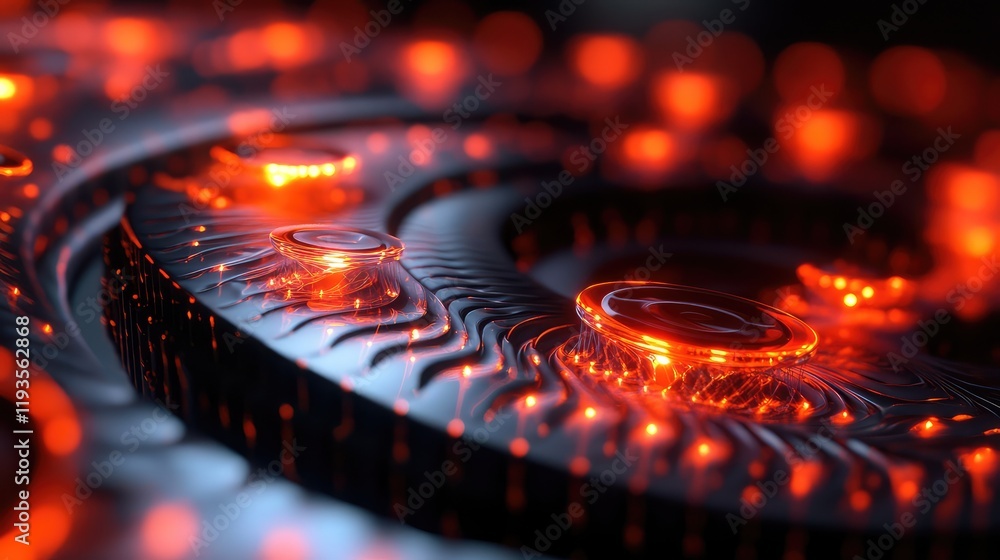 Poster digital visualization of a quantum network, showcasing quantum communication channels transmitting e