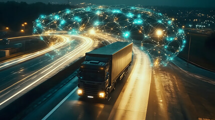 A cargo truck driving along a road with a backdrop of interconnected trade route lines across the globe