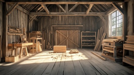 A rustic woodworking barn with planks, saws, and a project in progress