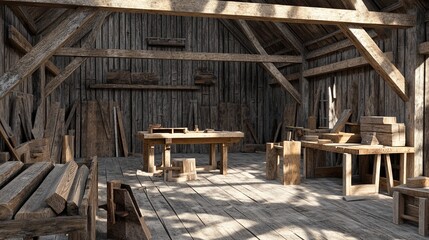 A rustic woodworking barn with planks, saws, and a project in progress