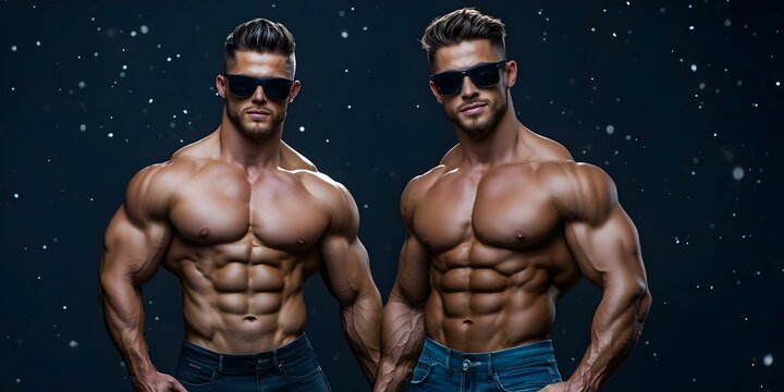 Two muscular men posing together, both wearing sunglasses and showcasing their physique against a dark, starry background. Concept Fitness Inspiration, Starry Night Aesthetics, Bro Culture