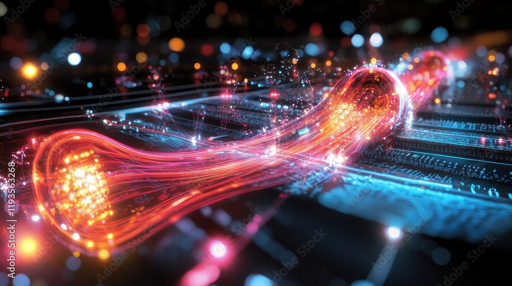Poster digital visualization of high-tech computing, with transparent chips, glowing pathways, and quantum 