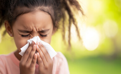 A young girl sneezing into a tissue outdoors, representing allergies or illness on a sunny day.