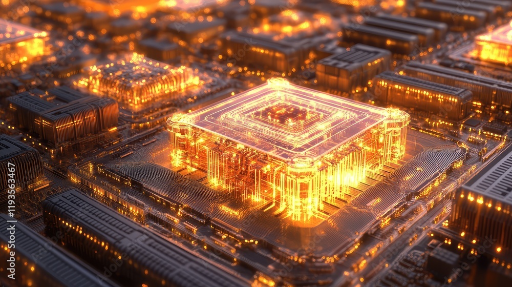 Poster digital visualization of high-tech computing, with transparent chips, glowing pathways, and quantum 