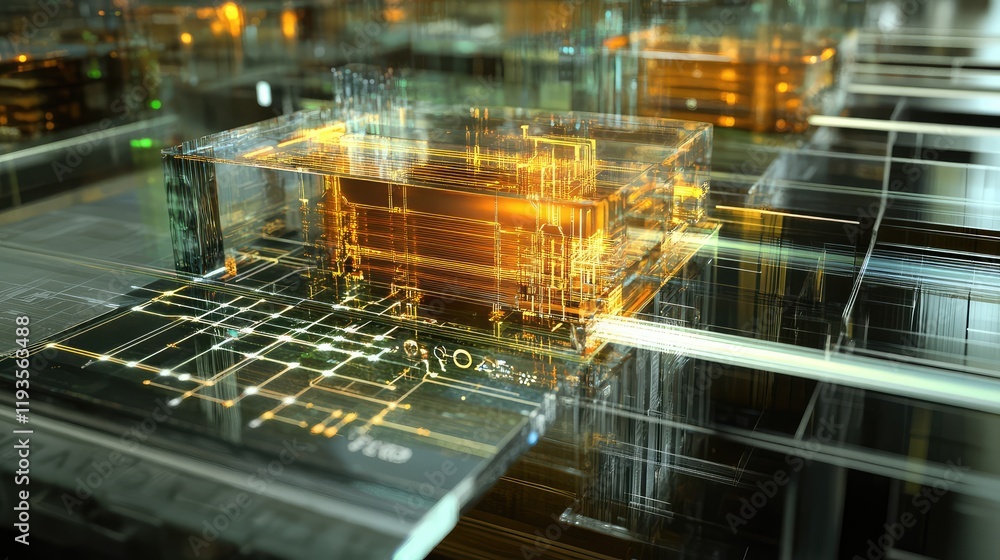 Poster digital visualization of high-tech computing, with transparent chips, glowing pathways, and quantum 