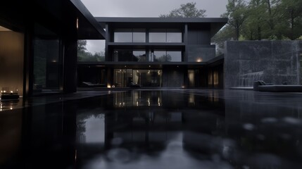 Dark Modern Luxury Mansion with Pool and Garden