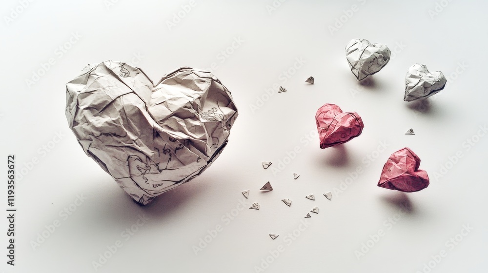 Poster folded paper heart bursts into smaller hearts, showcasing intricate patterns and creativity in an ar