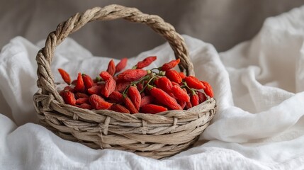 Obraz premium Dried Goji Berries in a Rustic Woven Basket