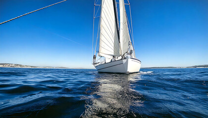 Stunning low-angle shot of a sailboat gliding across a deep blue ocean under a vibrant sky.  Perfect for travel, adventure, or nautical-themed projects. Evokes freedom and serenity.