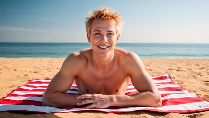 A shirtless young man poses on the beach, smiling with the sea behind him.