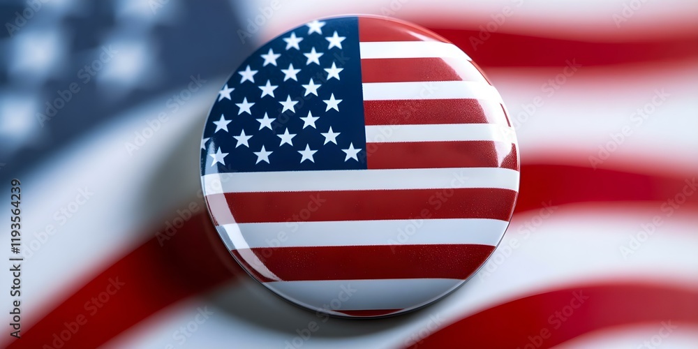Aufkleber a button featuring the american flag against a backdrop of waving flag patterns. concept button desi