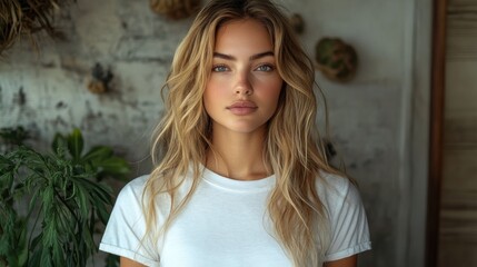 Fototapeta premium Young woman with long blonde hair posing in a bright, natural setting with greenery in the background