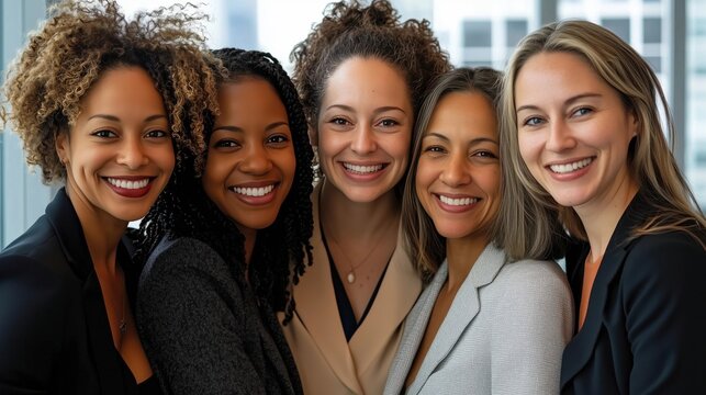 A diverse professional businesswomen team standing confidently together in formal attire, symbolizing diversity and empowerment.
