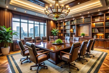 Luxurious Conference Room: Elegant Meeting Table & Leather Chairs, Aerial View