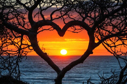 Silhouette of a tree forming a heart shape, framing a vibrant sunset over the ocean.