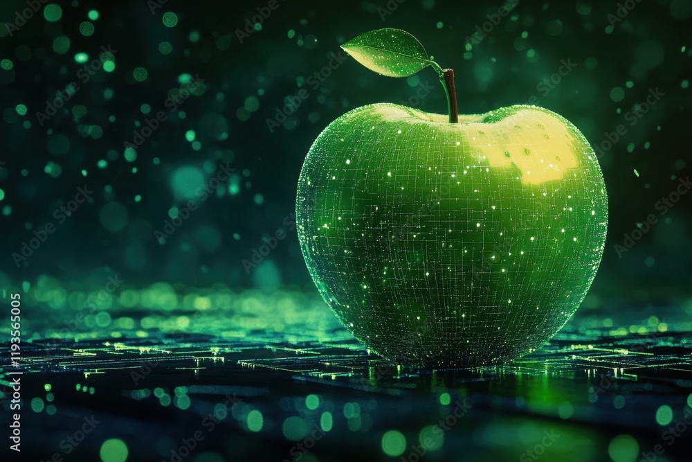 Poster digital representation of a glowing green apple in a futuristic setting with sparkling lights