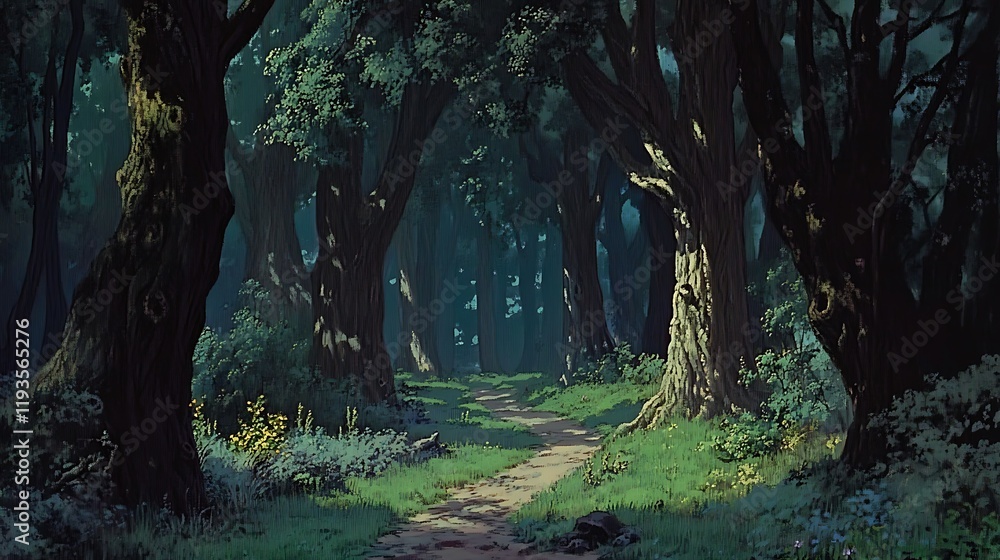 Poster a forest path through ancient trees