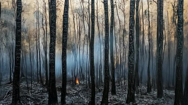 Trees stand charred aftermath forest fire.Scenery shows devastation natural disaster.Environment covered ash,remnants burn evident.Scene displays eerie,haunted feel charred landscape.Image evokes