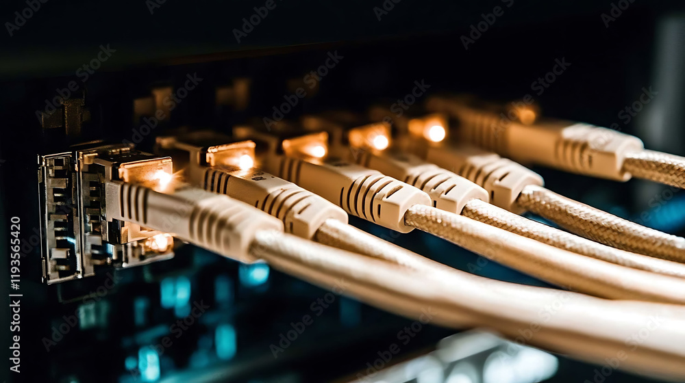 Poster closeup of illuminated network cables connected to a server. highquality image ideal for technology,