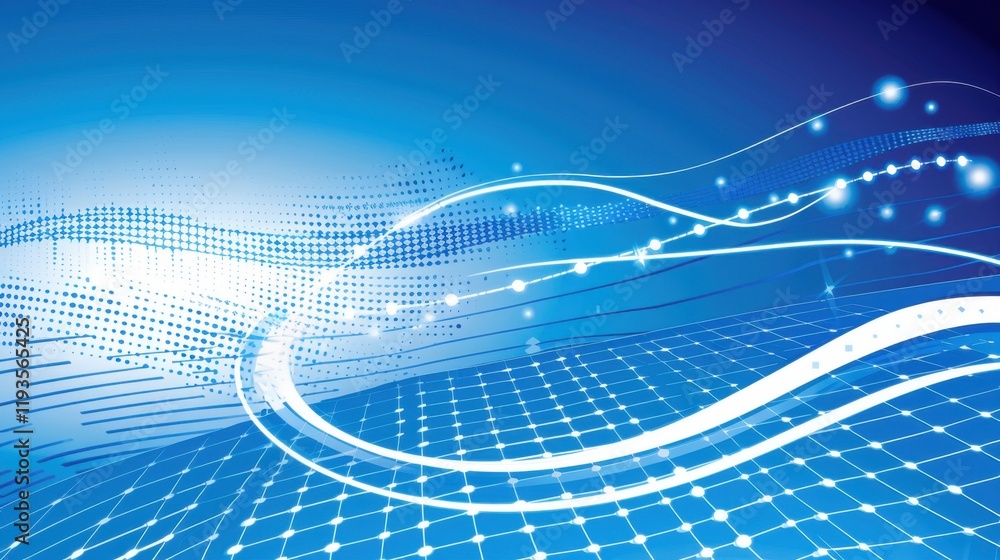 Poster dynamic blue abstract background with flowing lines and dots, representing technology and innovation