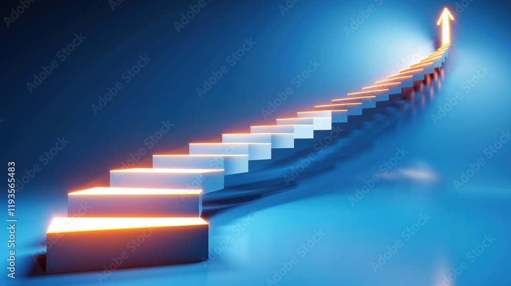 Poster illuminated stairs leading upward symbolize progress and success in modern, abstract style. glowing 