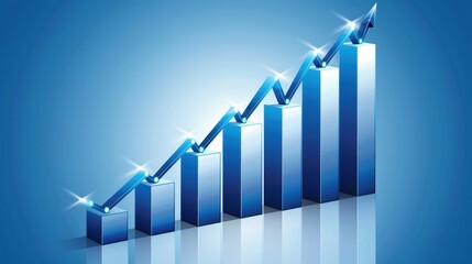 Blue graph showing upward trend with shining bars and arrows, symbolizing growth and success in business or finance