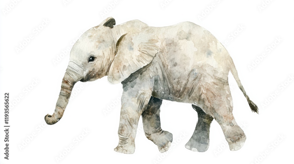 Poster elegant illustration of a baby elephant walking gracefully across a plain background in soft waterco