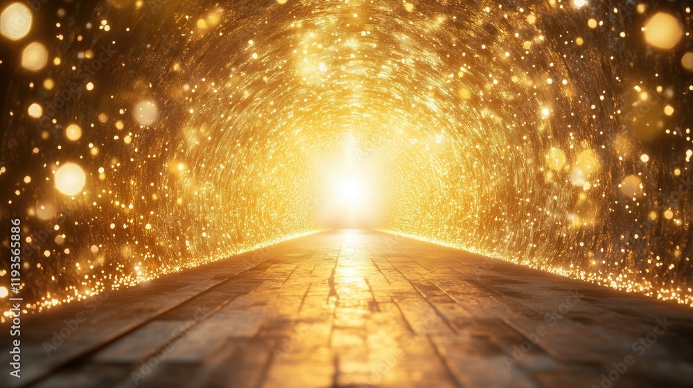 Poster a mesmerizing digital tunnel illuminated by a warm golden light, creating a sense of depth and myste