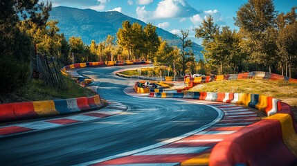 A scenic go-kart track with sharp turns and brightly painted barriers