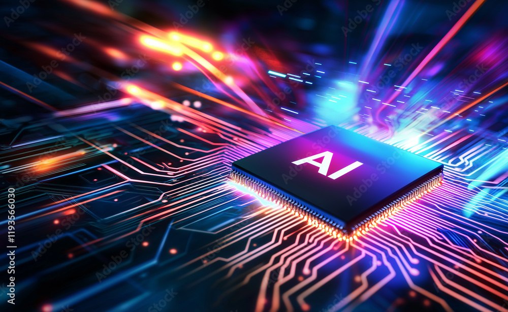 Poster ai processor chip glowing on a circuit board with data particles and vibrant orange and blue light.